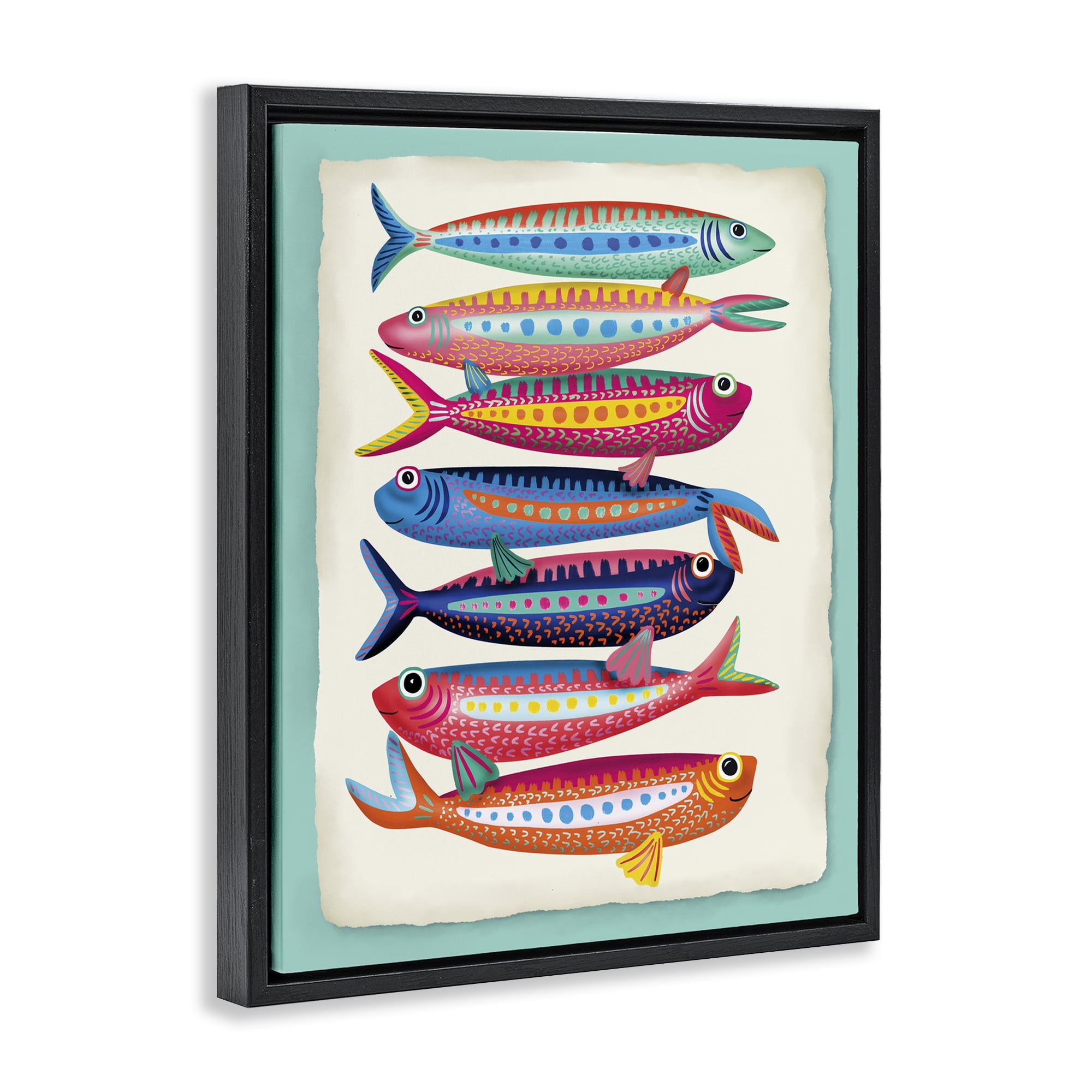 Stupell Industries Multi Hued Sardines Nautical & Beach Painting Black Floater Framed Canvas Art Print Wall Art, 17 x 21