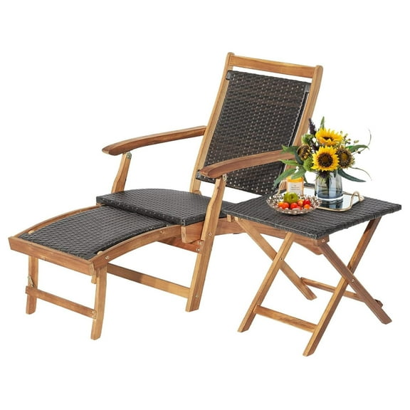 Patio Lounge Chair Set - Outdoor Wood Chaise Lounge w/Side Table, Armrest & Retractable Ottoman, Rattan Seat, , Quick Folding Sunbathing Chair for Backyard, Poolside (1) Brown Onesize