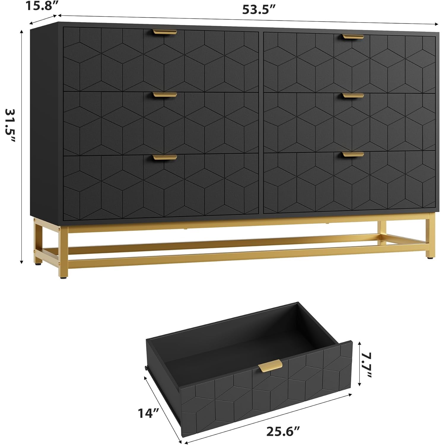 Modern 6-Drawer Dresser with Gold Metal Legs, Black Stylish Storage Chest for Bedroom, Closet or Living Room