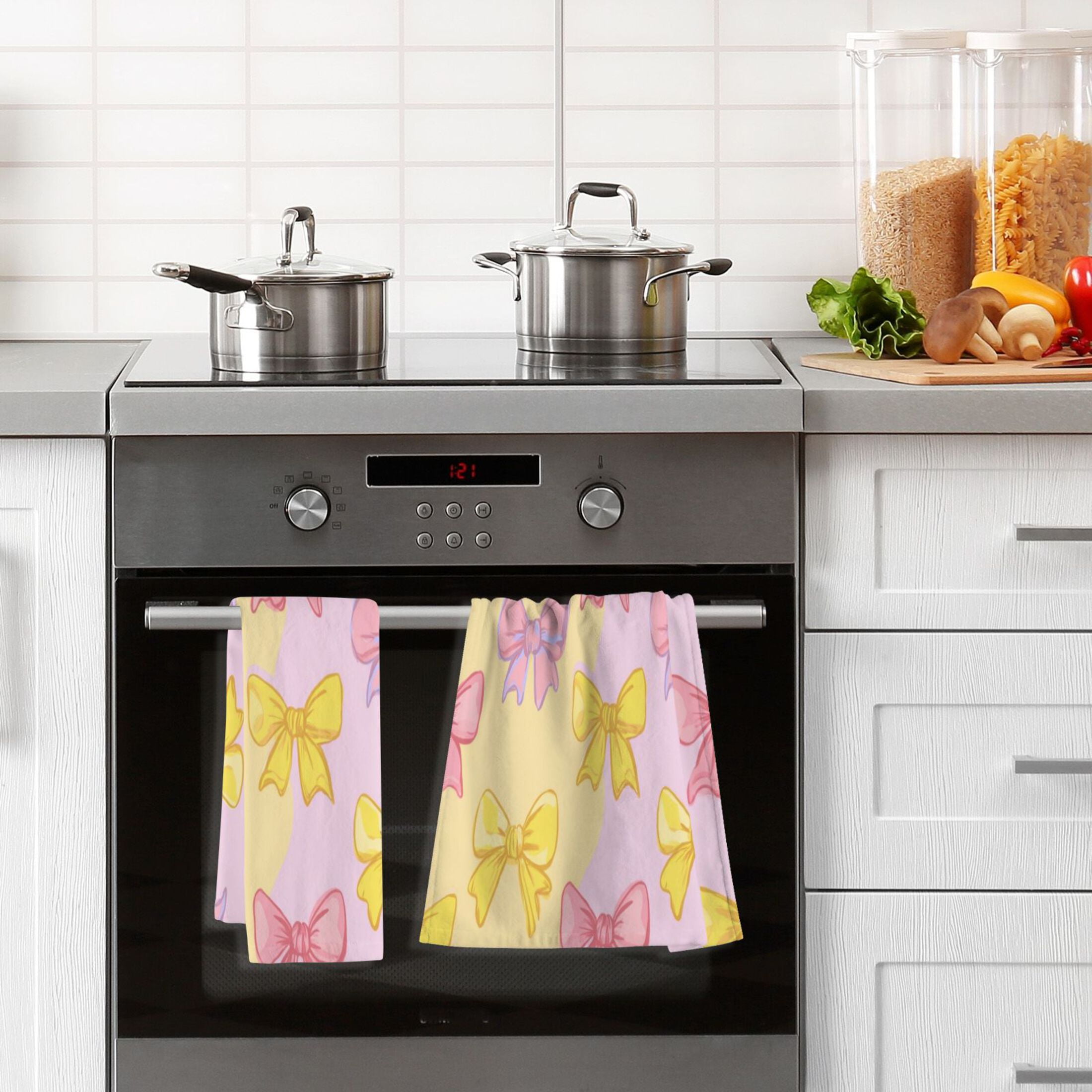 2 Pcs Hand Towels Sets Yellow and Pink Bows Cotton Towel Set Absorbent Face Towel for Bathroom Kitchen Shower Hotel Decor
