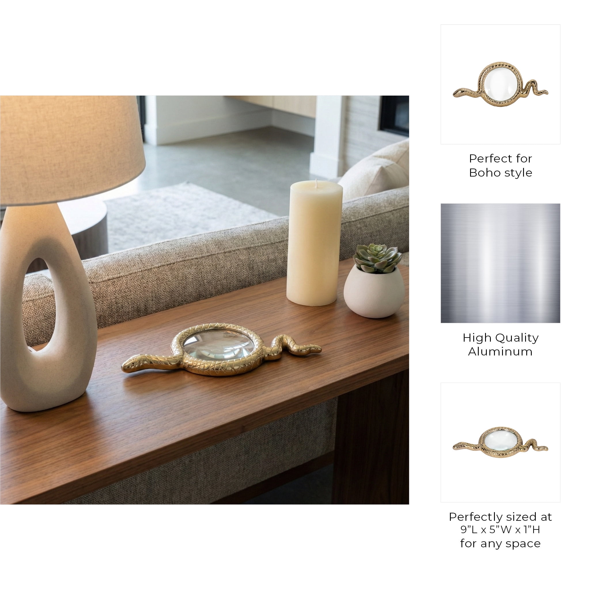 Sleek Snake Magnifying Glass for Home and Bathroom Decor - Bold Accent Sculpture for Coffee Table, or Room Display - Metal and Glass Design Ornament for Office Shelf Styling - 1", Gold & Metallic
