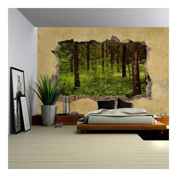 wall26 - Trees in The Forest Viewed Through a Broken Wall - Large Wall Mural, Removable Peel and Stick Wallpaper, Home Decor - 66x96 inches
