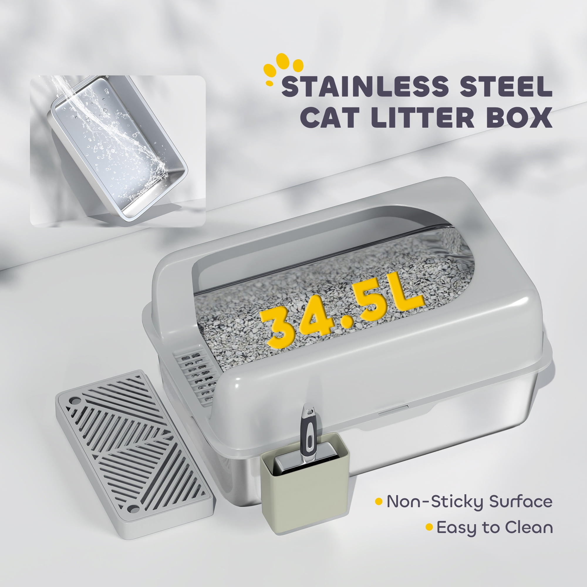 PawHut Stainless Steel Litter Box, Metal Litter Box with High Sided for Easy Clean & Anti-Urine Leakage, with Metal Scoop & Scoop Holder