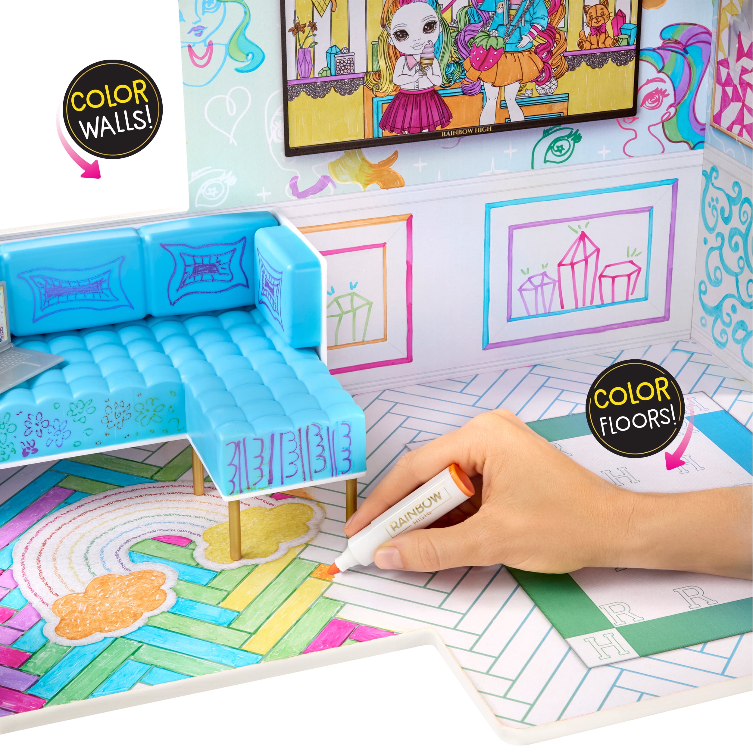 Rainbow High Color & Play 3-Story Doll House, Design All Walls & Floors with Washable Markers, Furniture