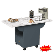 Tcbosik Rolling Dining Table with Folding Faux Marble Top, Extendable Kitchen Table with Storage Drawer and Open Shelf, Modern Computer Table for Small Space, Living Room, White & Blue