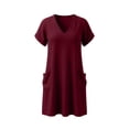 thumbnail image 4 of Efsteb Women's Cotton Tunic Dress V-Neck Short Sleeve Casual Loose Fit Short Dress with Side Pockets （Wine,L）, 4 of 7