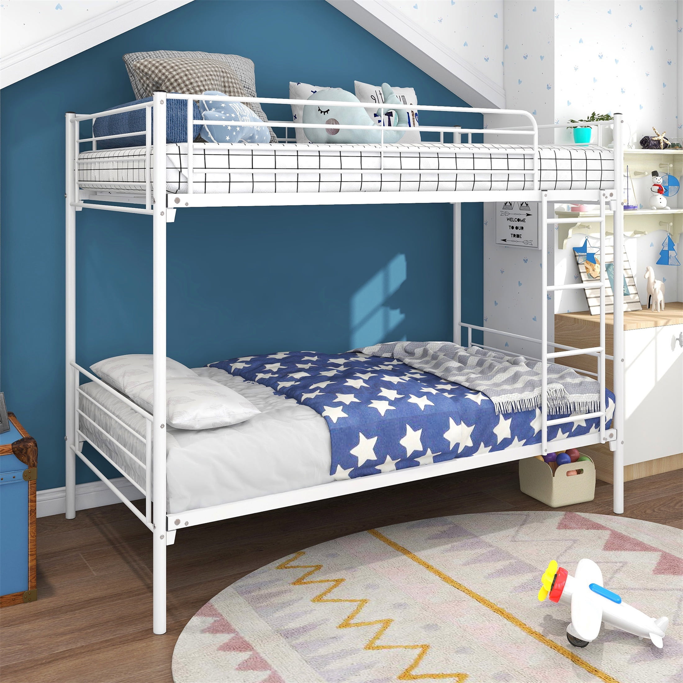 Aukfa Metal Bunk Bed for Kids, Twin over Twin, Built in Ladder, White