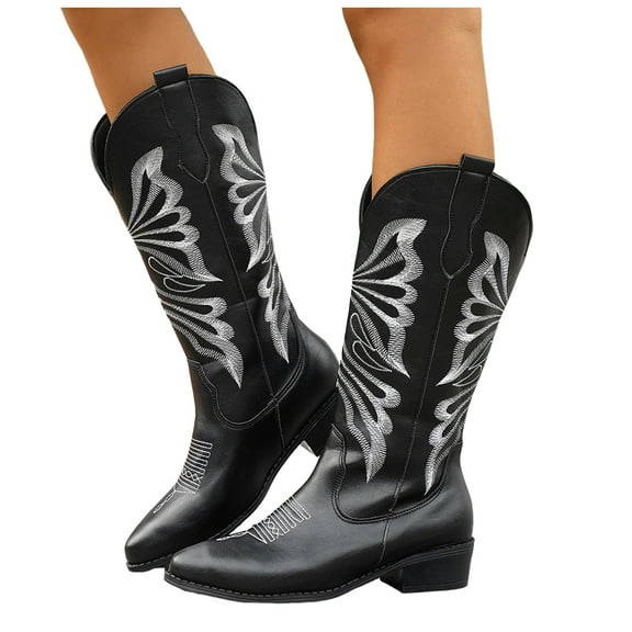 Wide Calf Cowboy Boots for Women 2025 Black White Slouch Leather Pointed Toe Low Heel Western Knee High Cowgirl Riding Boots Black Size 6.5