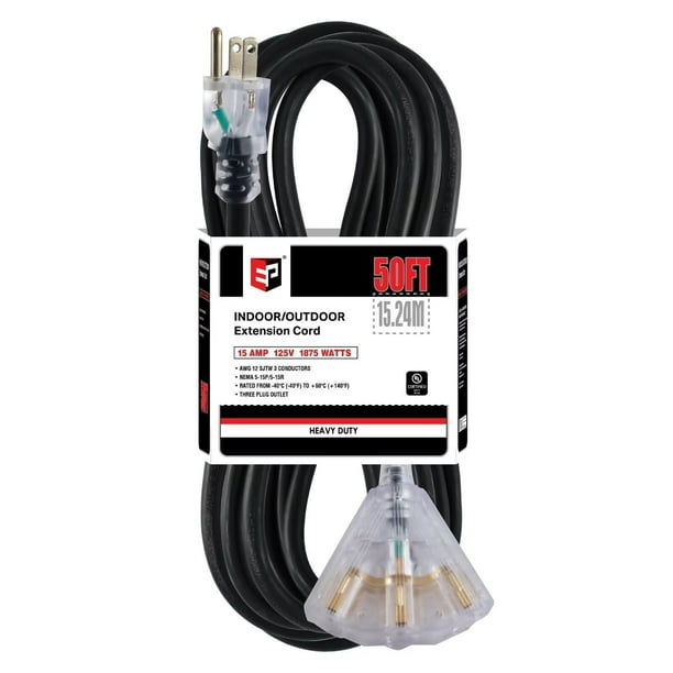 Cable de extensión EP de 15 m con 3 salidas, 12/3, SJTW, 15 A, 125 V, certificado UL