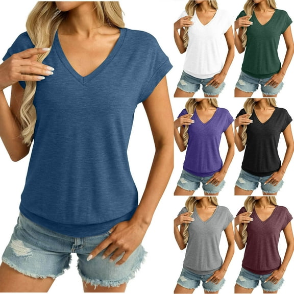 GERsome Women's Short Sleeve Tops Summer V Neck Solid Color T Shirts Casual Loose Fit Blouse, Sizes S-2XL