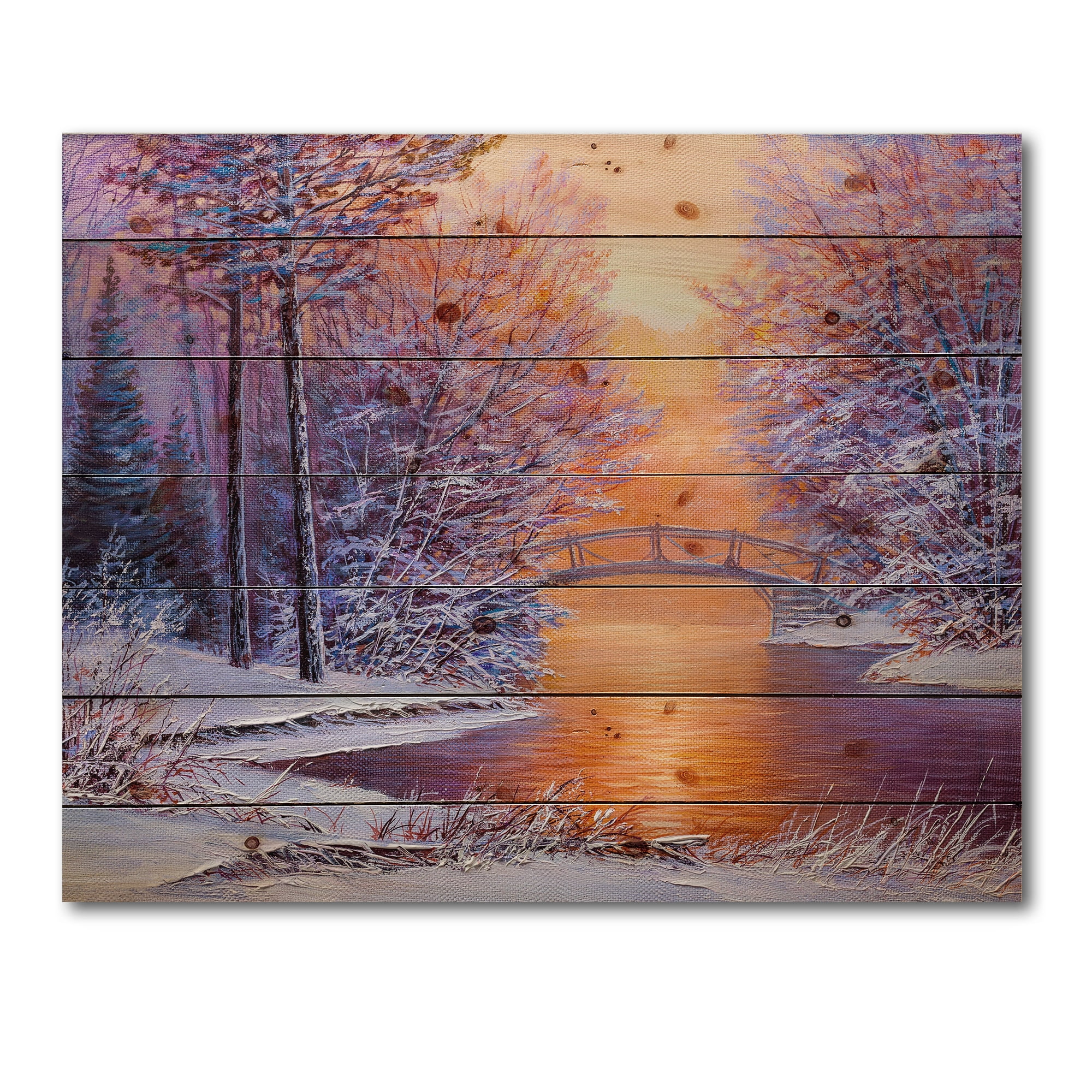 Designart 'Winter Landscape With Bridge Over The River' Traditional Print on Natural Pine Wood