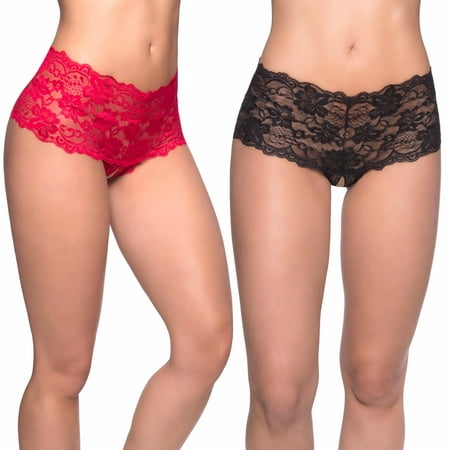 Floral Two Piece Panties - Womens Lace Boyshort Panties- Crotchless Black and Red Floral Strappy Panty Underwear Pack of 2