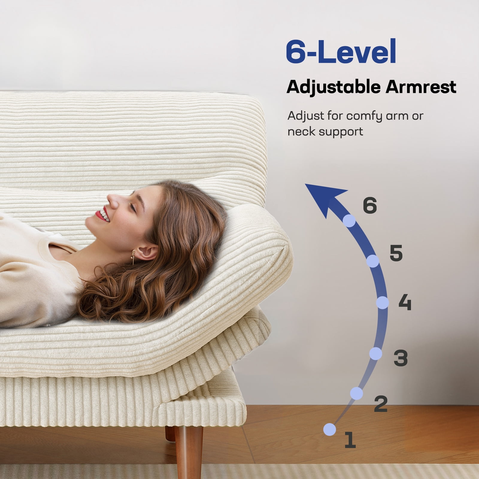 CHITOOMA 66" Futon Sofa Bed with Adjustable Backrest and 6-Level Armrests, White Corduroy Convertible Futon Couch, Comfy Loveseat for Small Spaces, Apartment or Office