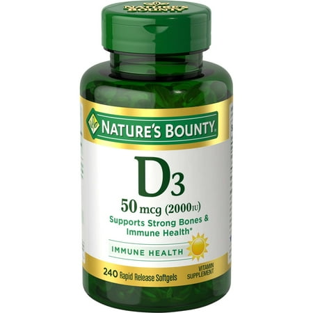 Nature's Bounty Vitamin D3, Immune and Bone Health Support, 50 mcg, Softgels, 240 Ct