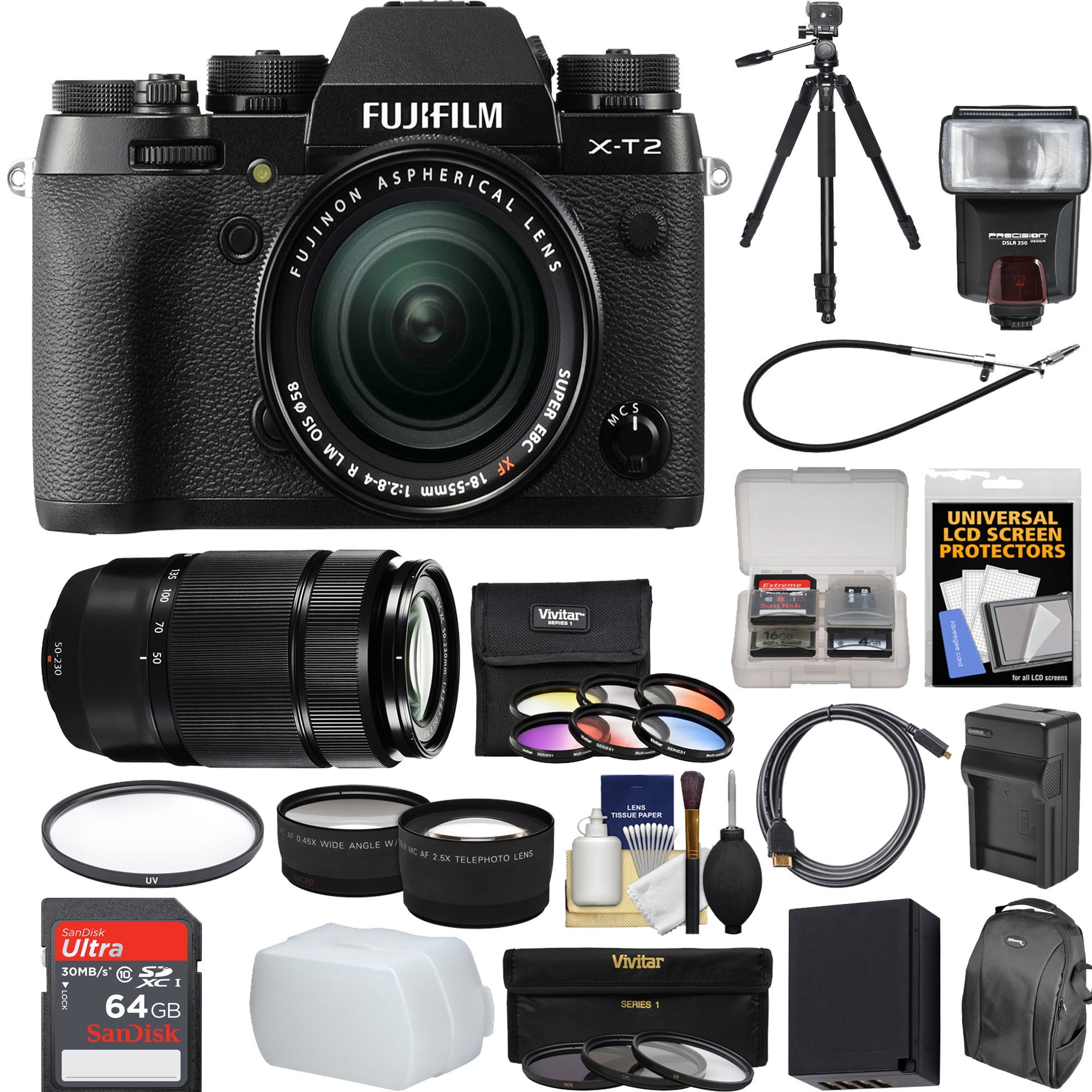 FUJIFILM X-T2 Mirrorless Digital Camera with 18-55mm Lens & Fujifilm  50-230mm f/4.5-6.7 XC OIS II Zoom Lens Deluxe Bundle