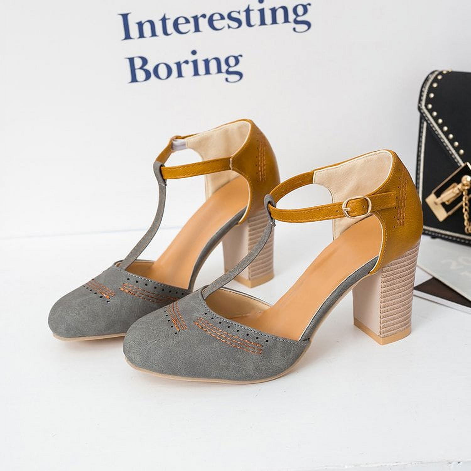 Women's Mary Jane Rounded Toe Low Chunky Heels T-Strap Wedding Dress   Shoes with