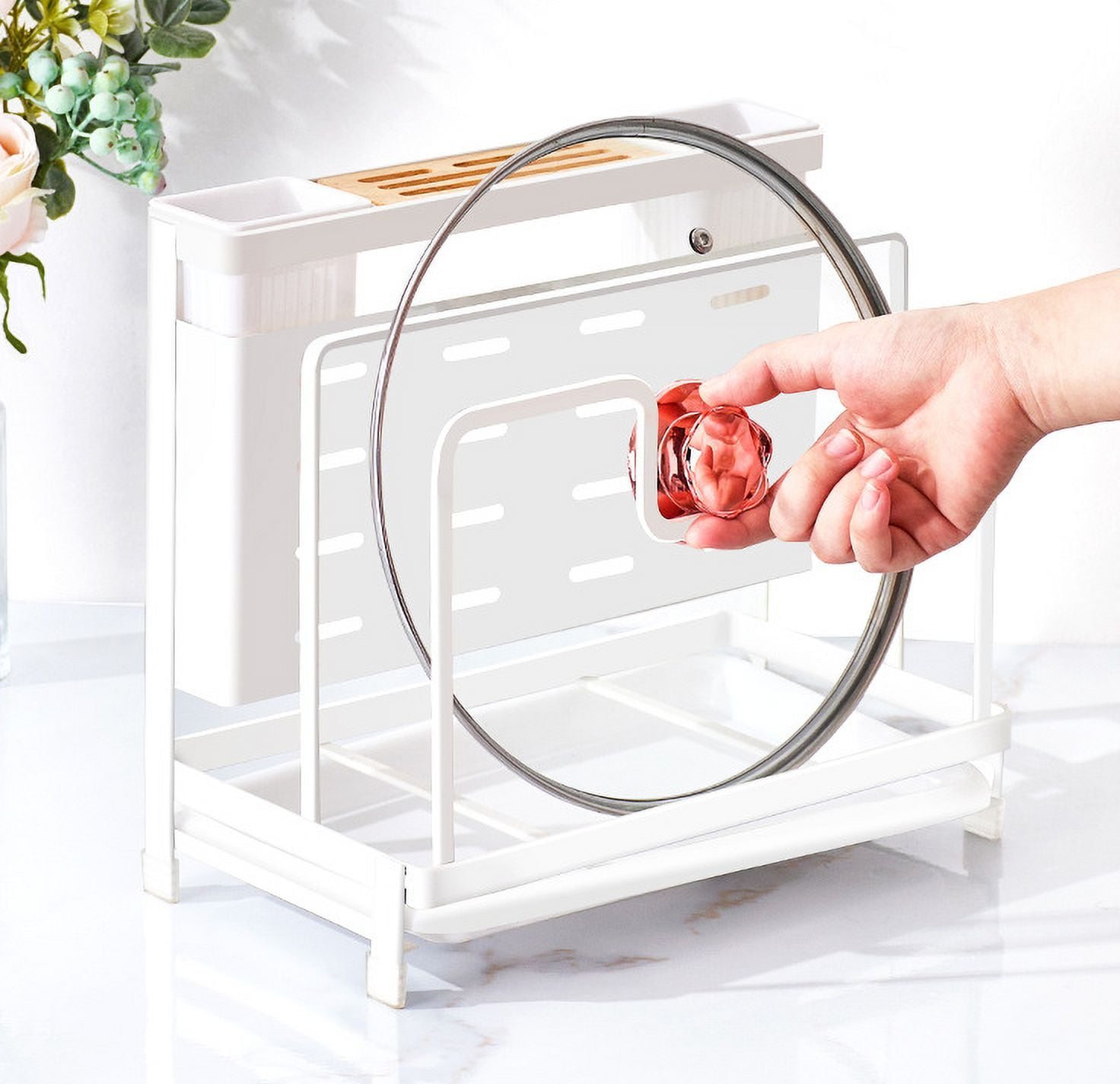BREIS Cutting Board Holder, 5 in 1 Metal Chopping Board Organizer Pan Pot Cover Lid Rack Stand with Utensil Knife Holder, Kitchen Organizer Rack for Cabinet and Countertop