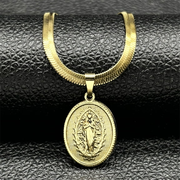 Catholic The Holy Mother Of Mary Pendant Necklace For Women Men 14K Yellow Gold Our Lady Chain Jewelry