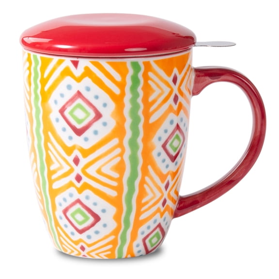 17Oz Ceramic Tea Mug with Infuser, Coffee Mug, Red Handle