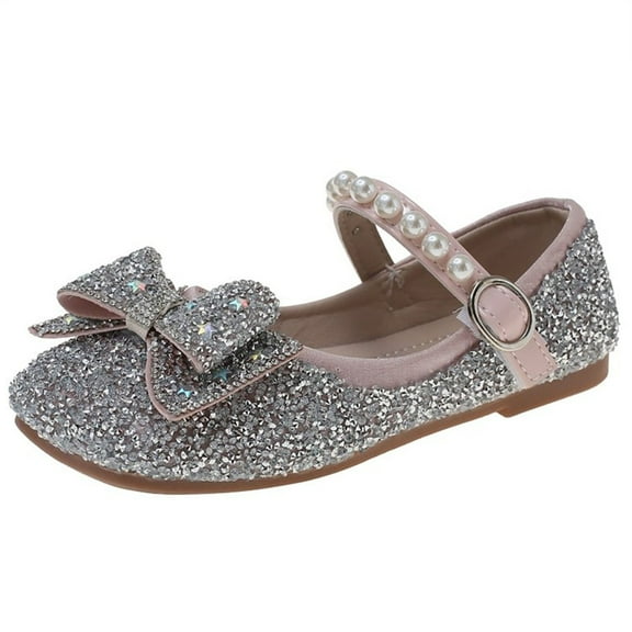 Otqutp Sequins Sandals for Little Girls Toddler Kids Bow Pearl Low Heels Shoes Summer Casual Dress Dance Shoes Glitter Loafers