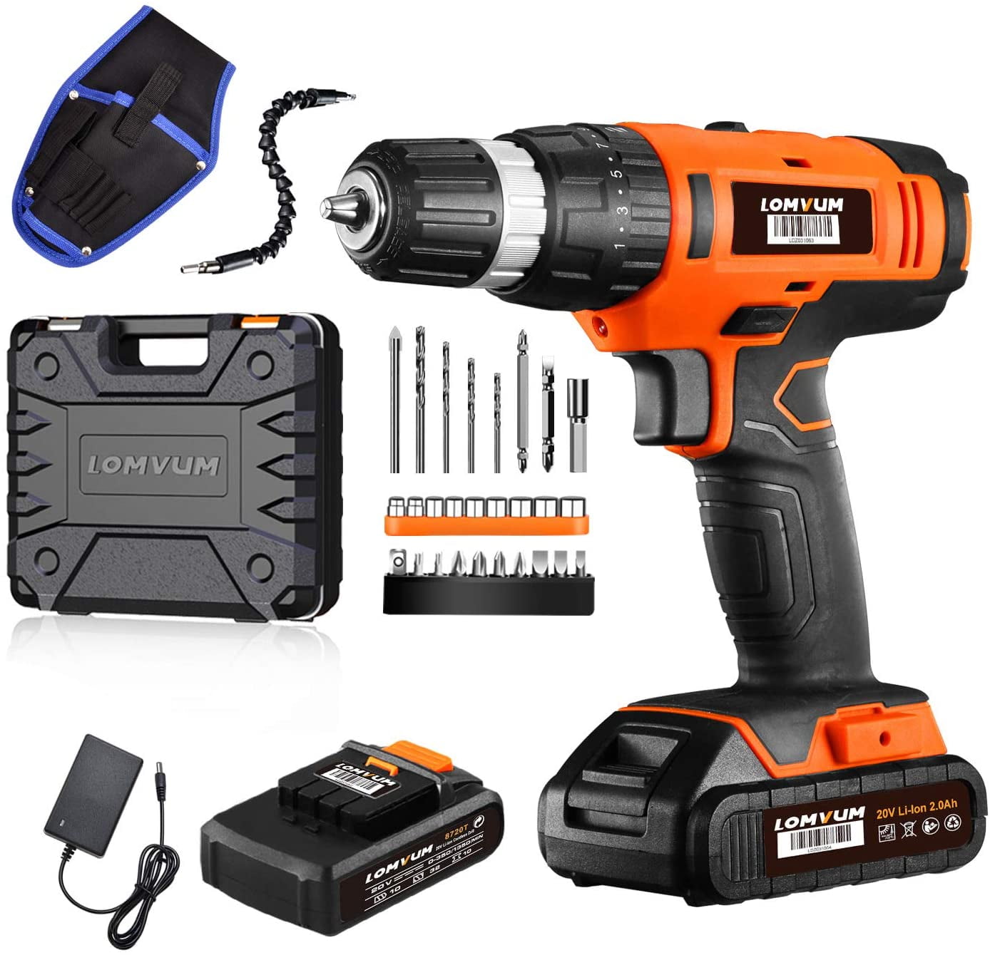 Power Drill 20V Cordless Drill Set with 2*2.0Ah LithiumIon Battery