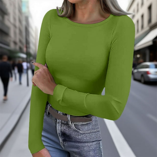 Chemise à Manches Longues Doublée de Polaire Thermique pour Femmes, Col Rond en Velours Double Face, Couche de Base pour Automne Hiver, Confort Chaud, Vert P