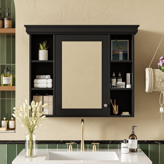 Bathroom Vanity, 35'' x 28'' Black Wall Mounted Bathroom Storage Cabinet with Mirror Door, Modern Bathroom Wall Cabinet with Mirror, Medicine Cabinet with 6 Open Shelves, Bathroom Storage Cabinet