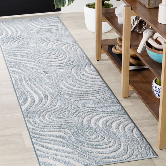 JONATHAN Y SCANDINAVIAN 2' x 8' Runner Rug, Maribo Abstract Groovy Striped - Light Blue/Ivory, SCN103C-28