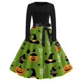 thumbnail image 2 of Women's Halloween Dress Skeleton Hepburn Long Sleeve Horror Swing Dress Bat Printed Crew Neck Classic Dresses with Belt M, 2 of 5