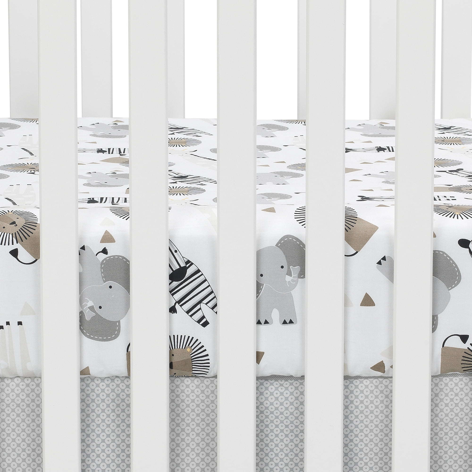 Lambs & Ivy Jungle Safari 100% Cotton White/Gray Elephant/Lion Fitted Crib Sheet