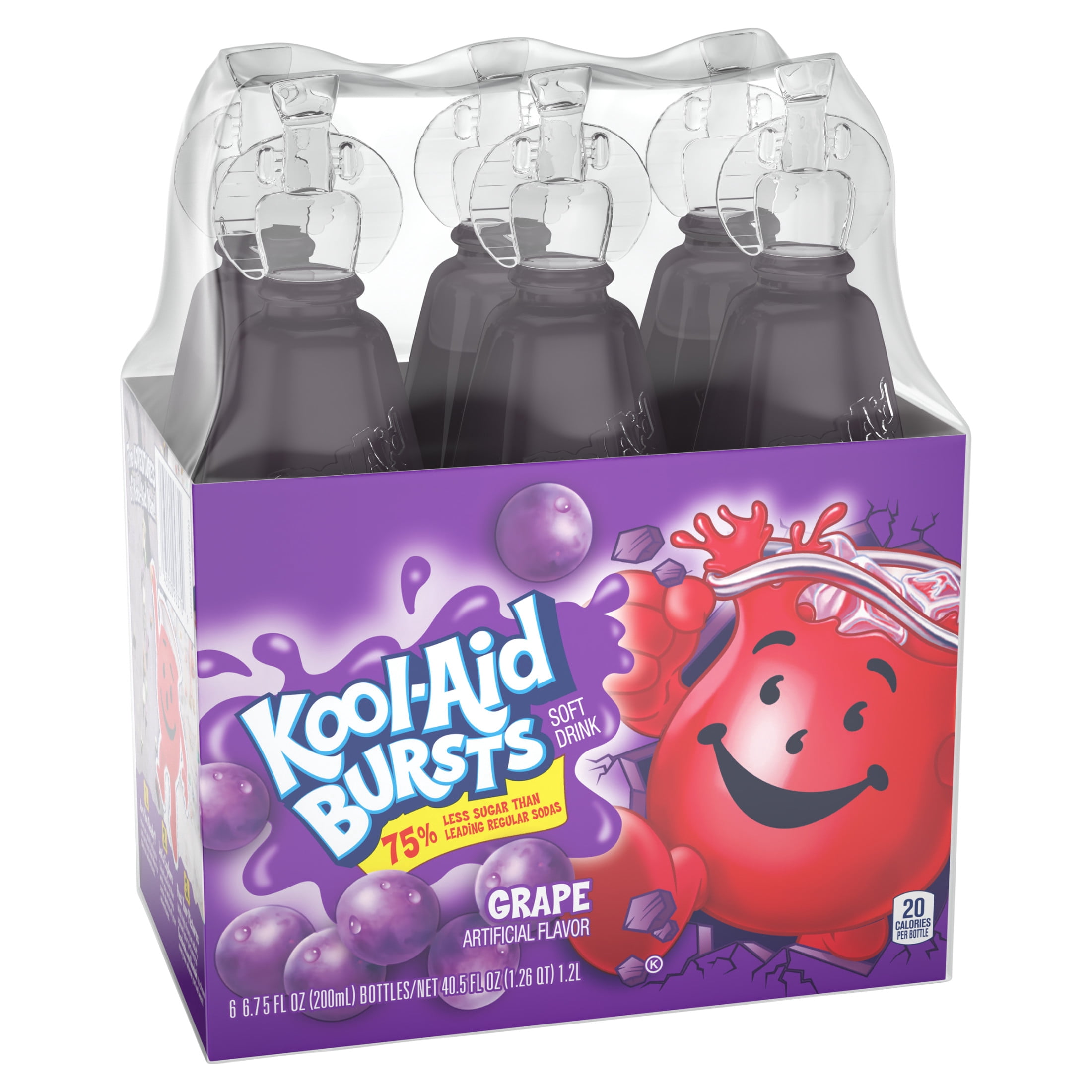 (8 pack) Kool-Aid Bursts Soft Drink, 6 Bottles, for School Lunches and On-the-Go Hydration, artificial flavor Grape, Caffeine Free, 6.75 oz