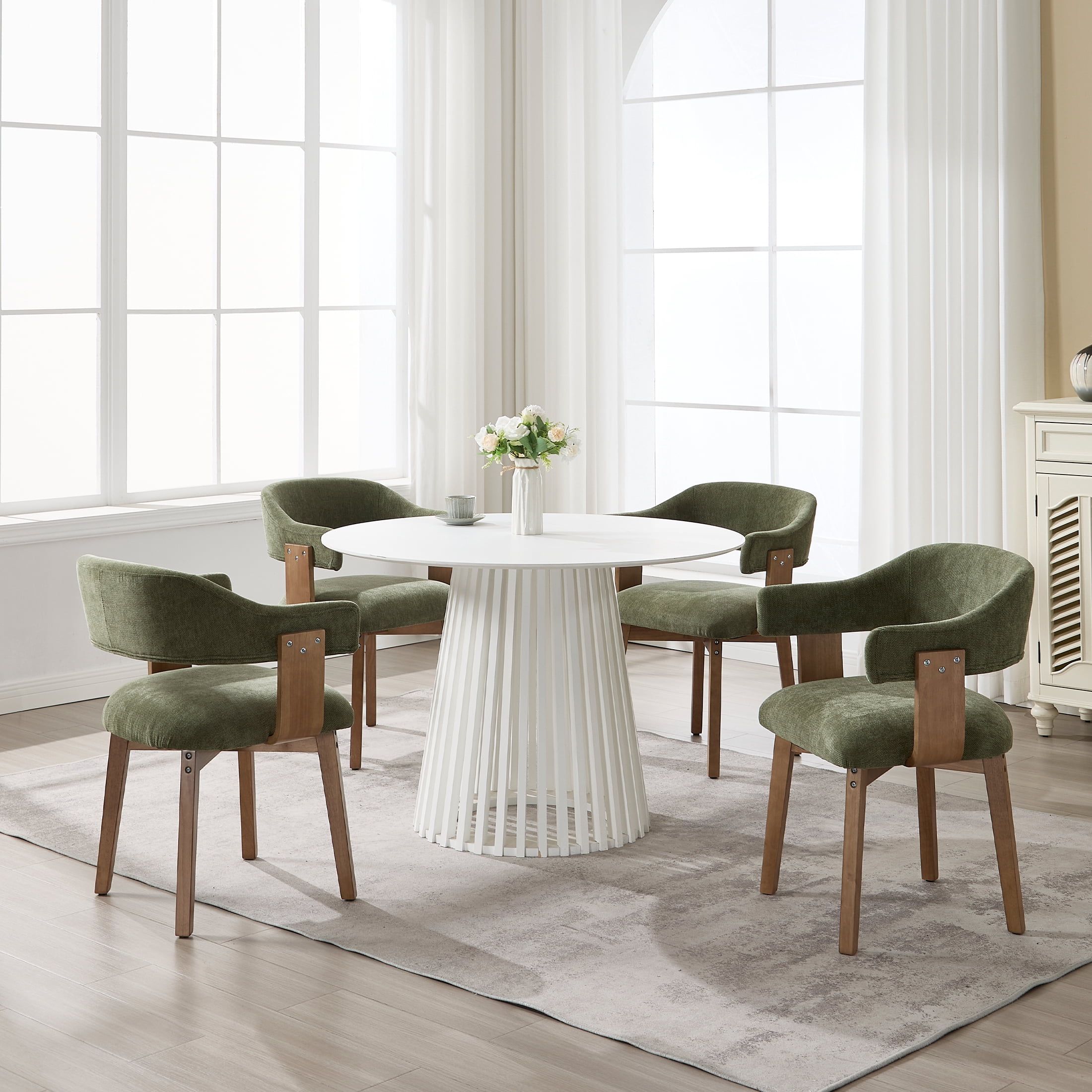 Guyou Modern Dining Chair Set of 4, Chenille Upholstered Dining Room Armchair with Curved Backrest, Mid-Century Wooden Kitchen Side Chairs for Dining Room Living Room, Green