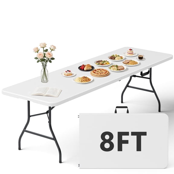 HaiNova 8FT Folding Table, Portable Fold-in-Half Plastic Picnic Table with Carrying Handle, Anti-fouling and Sun-Proof Suitable for Meetings, Parties, and Weddings, White
