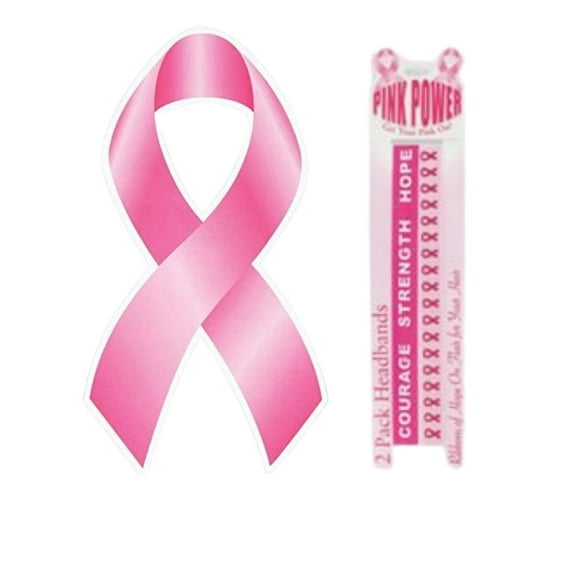 Breast Cancer Awareness Month October Ribbon Shaped Car Automobile Refrigerator Awareness Support Magnet and 2-Pack Pink Power Headbands - Courage Strength Hope