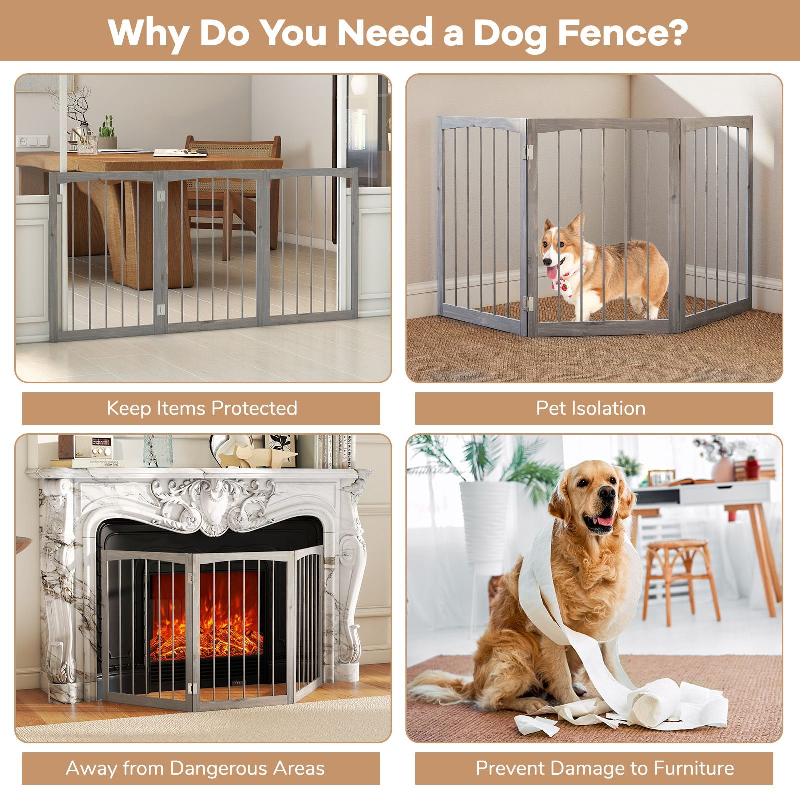 30 Inch Tall Wooden Pet Fence 3 Panel Foldable Gate for Cats Small Medium Dogs
