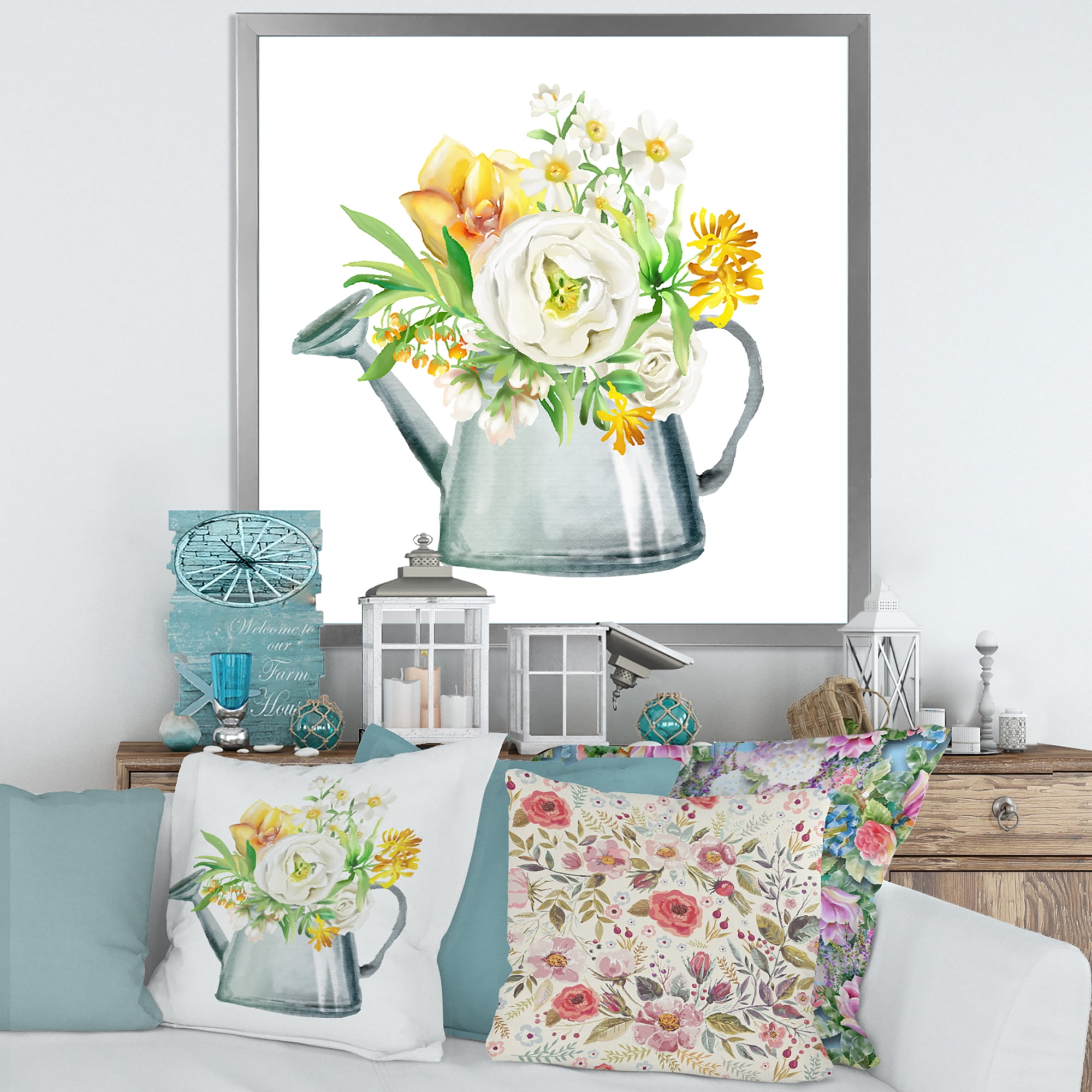 Marigolds Roses and Peonies In Garden Watering Can 30 in x 30 in Framed Painting Canvas Art Print, by Designart
