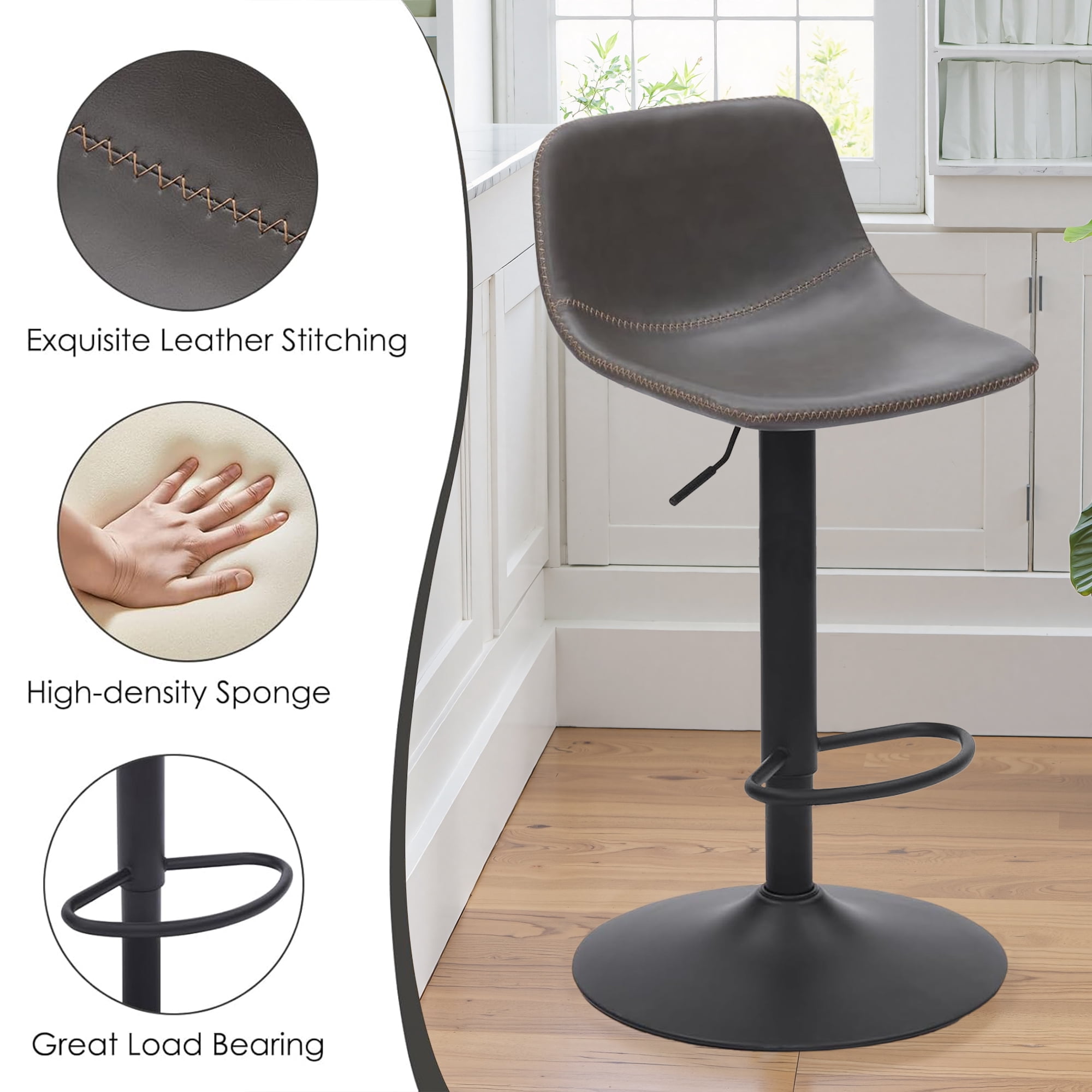MAYEERTY 2-Set Gray Modern Swivel Bar Stools with Back Support for Kitchen Island, Adjustable Height
