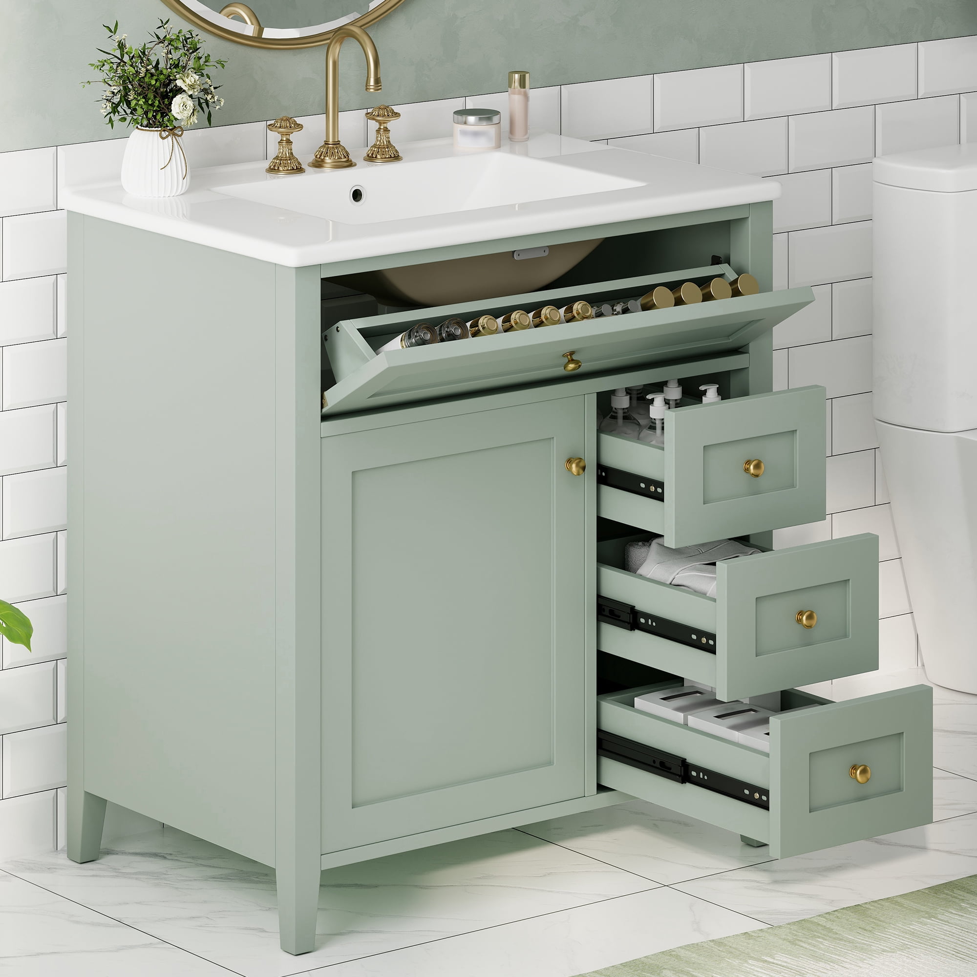 Anpport 30" Freestanding Bathroom Vanity with Sink, Modern MDF & Rubberwood Cabinet, 3 Drawers, Adjustable Shelf & Left‑Side Door, Light Green
