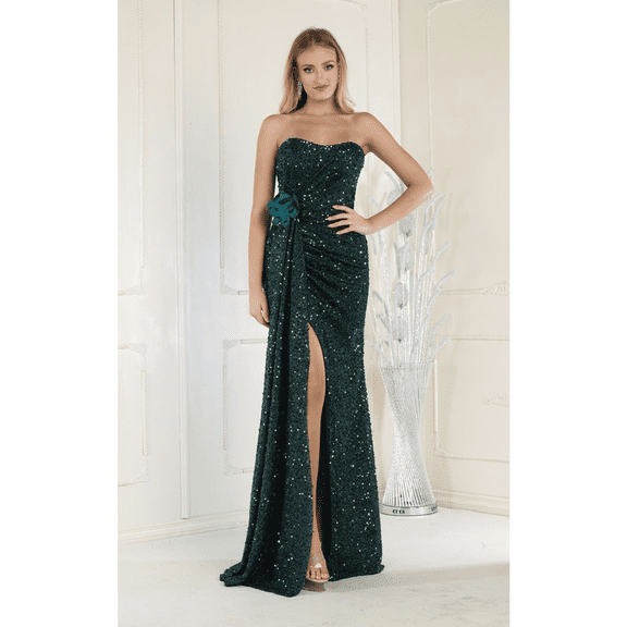 Women's May Queen MQ1968G Sequin Strapless Long Slit Hunter Green Formal Dress 18