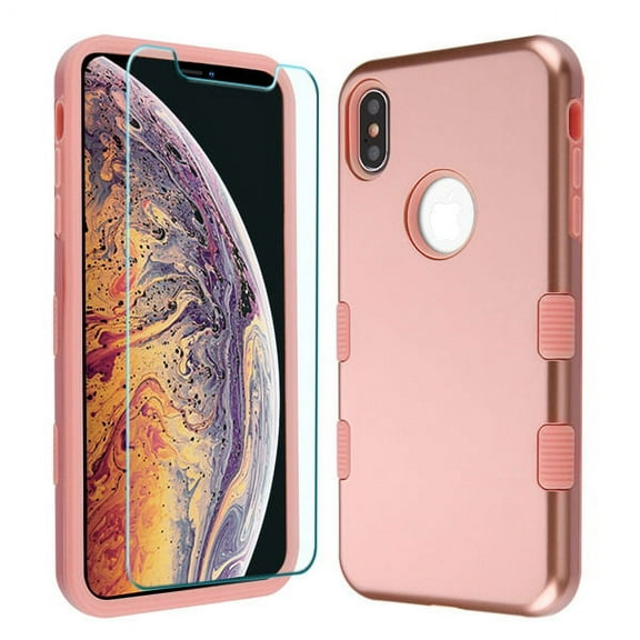 Apple iPhone XS Max (6.5") Phone Case & Screen Protector [2 in 1 Bundle Package] Tempered Glass   Rose Gold Hybrid Shockproof Bumper Rugged Slim Fit Protective Cover for Apple iPhone XS Max