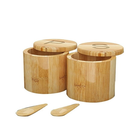 

Bamboo Salt and Pepper Cellar Spice Containers Swivel Lids - 2 Boxes with Spoons - Engraved with S and P