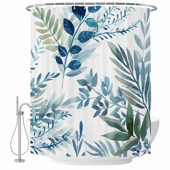Navy Blue Leaves Shower Curtain, Waterproof Shower Curtains for Bathroom, Summer Botanical Farmhouse Watercolor Leaf Washable Fabric Bathtub Curtain Set Bath Decor with 12 Hooks Standard 72"x72"