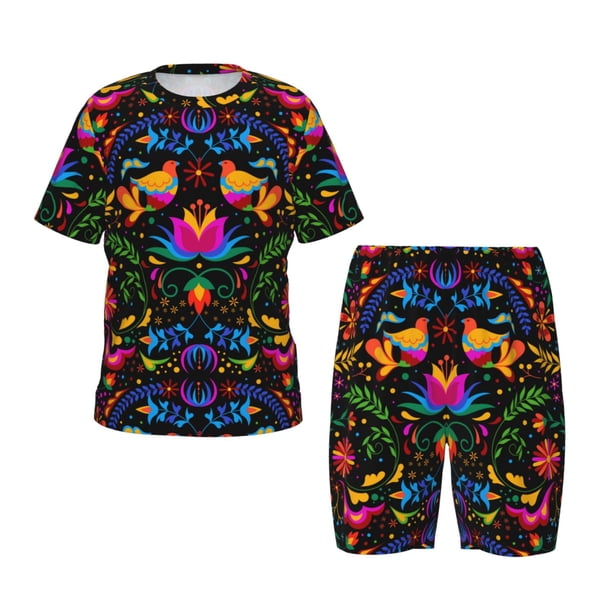 Balery Mexican Flower Traditional1 Conjunto de Pijama Infantil de Manga Corta con Estampado – Ropa de Dormir de Algodón Suave-4X-Large