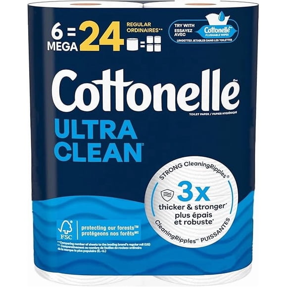 Cottonelle Toilet Paper, 6 Mega Rolls = 24 Regular Rolls, Ultra Clean, Strong Bathroom Tissue, 284 Sheets per Roll, Packaging May Vary