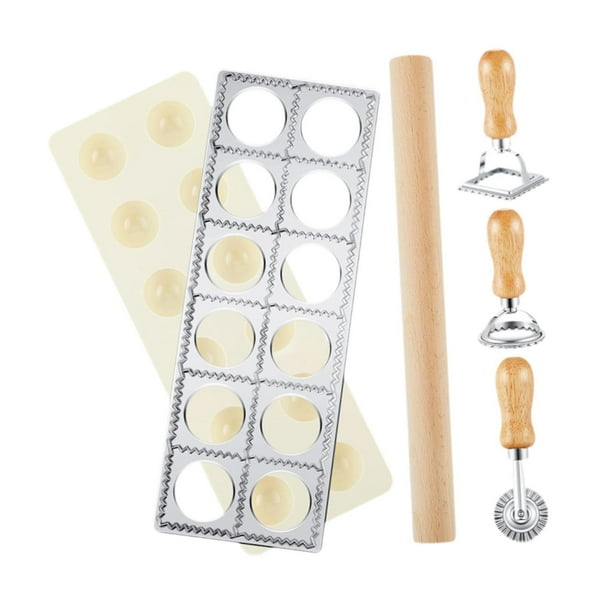 Prensa para hacer ravioles con 12 cuadrados, sello para pasta y cortador de rodillo de madera Plata