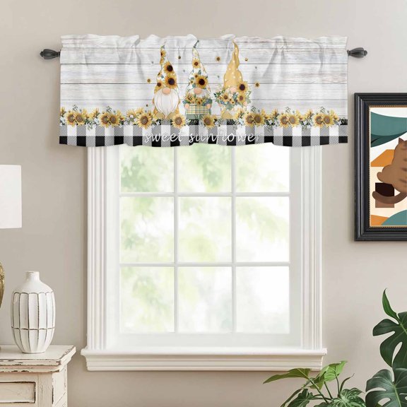 Curtain Valances for Kitchen Windows,Farm Gnome with Sunflower Bee Rod Pocket Valances Short Curtains Rustic Wood Board Buffalo Plaid Window Treatment for Living Room Bathroom Bedroom Decor,54x18in