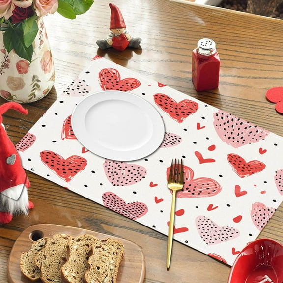 Opehuo Valentine's Day Linen Love Placemats,Red White Pink Heart Valentine's Day Table Runner,Dotted Heart Valentine's Day Table Runner for Valentines Day(12"*18",c-C)