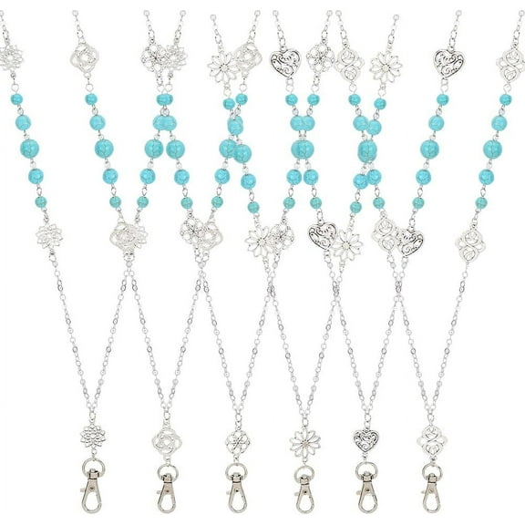 6pcs Fancy Lanyards Beaded Id Badge Necklace Alloy Turquoise Cute Gem Stones ID Names Card Breakaway Reel Lanyards Set with Clasp for Office Teachers Card Holders