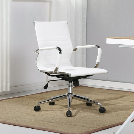 Conference Room Furniture Set With Chairs Belleze Mid-Back Ribbed Upholstered Leather Swivel Conference Office Chair with Arm Rest, White ()