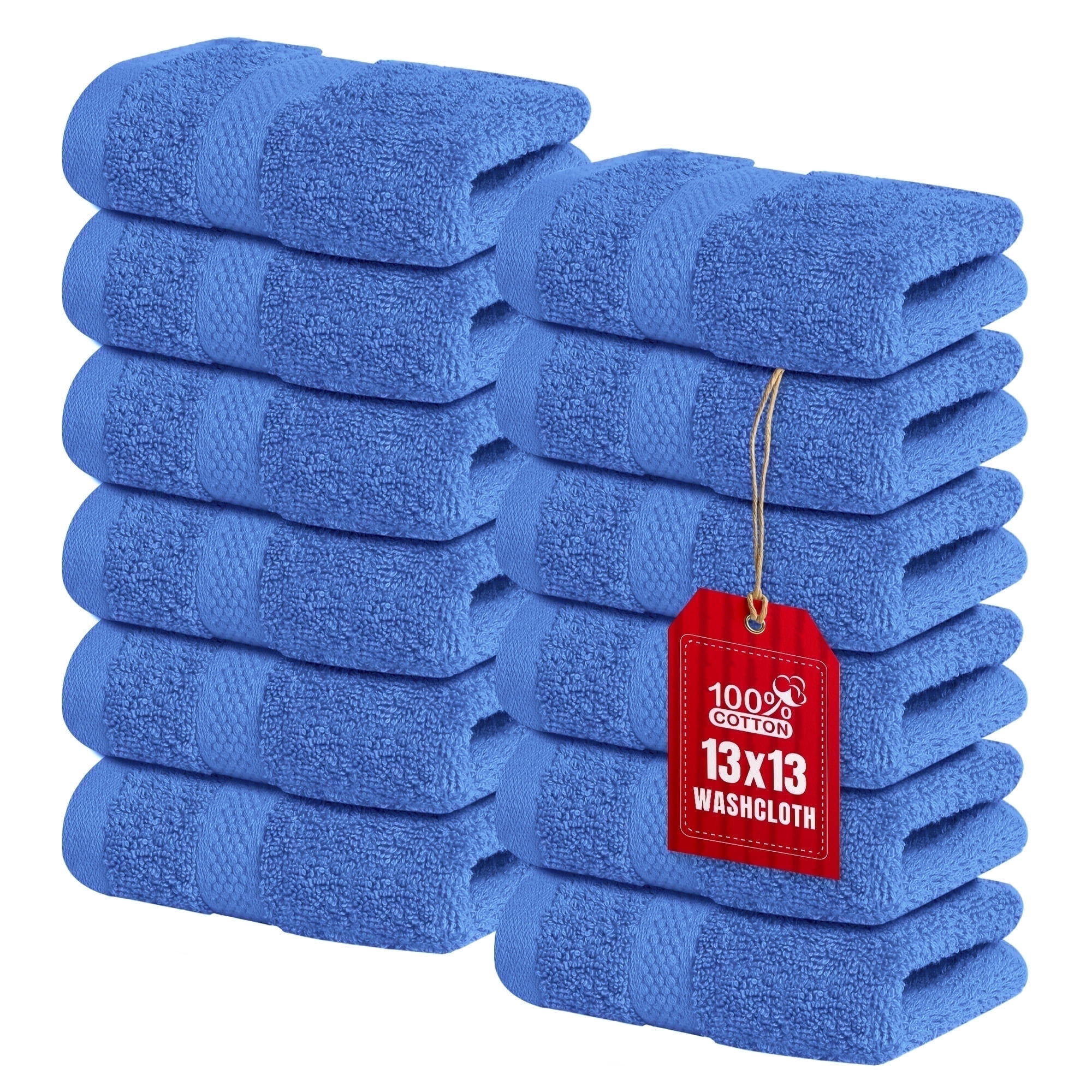 Infinitee Xclusives 12 Pack Premium Blue Soft Wash Cloths and Face Towels, 13x13 100% Cotton